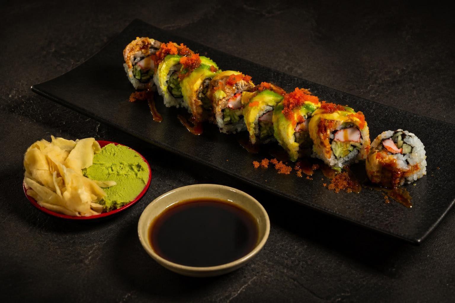 Sushi roll with ginger, wasabi and soy sauce