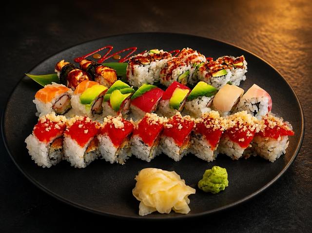Assorted topped sushi rolls with ginger and wasabi